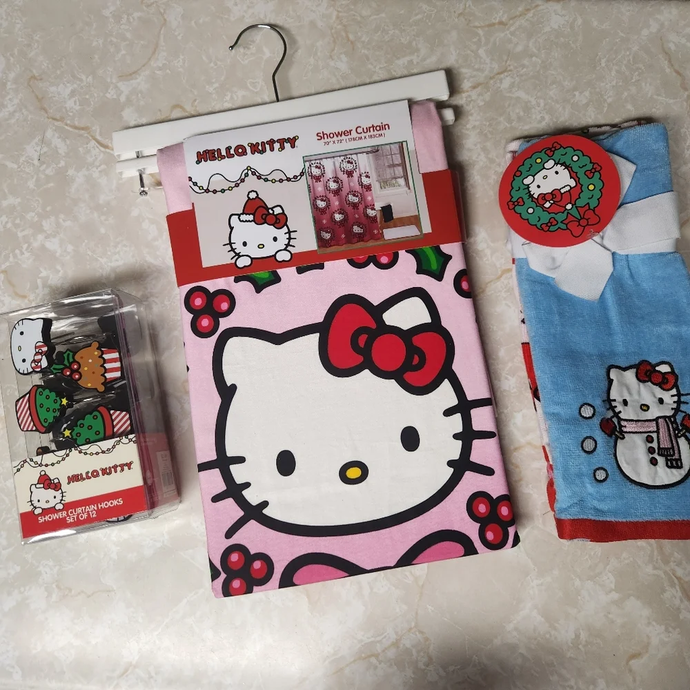 Hello Kitty Christmas Bathroom Shower Set Curtain Hooks and 2pc Towel Set New